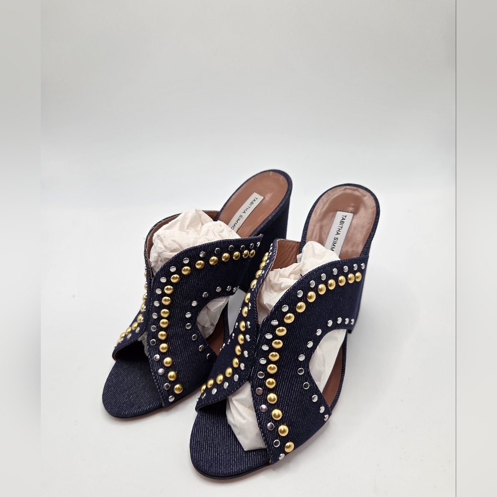 NIB Tabitha Simmons Celia Studded 100mm Denim Slide Sandals 37